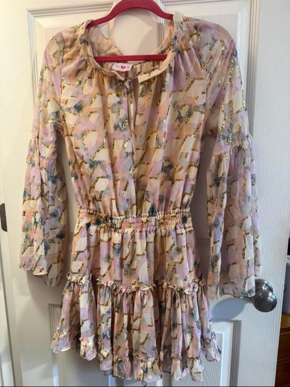 Buddy Love Pink Floral Tiered Ruffle Dress with Gold Accents
